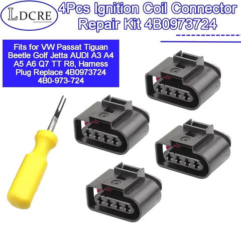 Ignition Coil Connector Repair Kit For VW And Audi 4B0973724 Plug And Play Harness Replacement with four connectors and tool