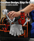 Super Lightweight Cordless Electric Scissors With 4V Battery And LED Light shown in a tool bag with other tools, ready for crafting.
