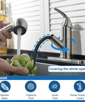 Kitchen Faucet With Pull Out Sprayer, Low Profile Stainless Steel, Single Handle Brushed Nickel, in use with artichoke