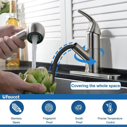 Kitchen Faucet With Pull Out Sprayer, Low Profile Stainless Steel, Single Handle Brushed Nickel, in use with artichoke