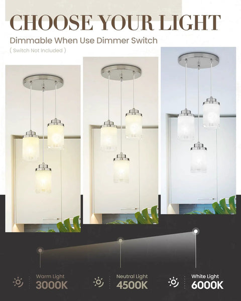 Brushed Nickel Modern Pendant Light For Kitchen Island Set Of 2 With Adjustable Height TXPLBN02-2PK in three light settings.