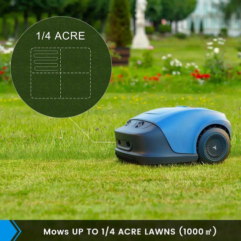 Smart Robot Lawn Mower For A Quarter Acre With App Control And Auto Charging shown on grass in garden setting