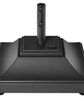Fillable Mobile Umbrella Base With Four Wheels And Locks Beefy Heavy Duty Square Stand For Patio And Deck 120lb Capacity Sand Weight Easy Mobility Wind Resistant Design Black, shown from front angle.