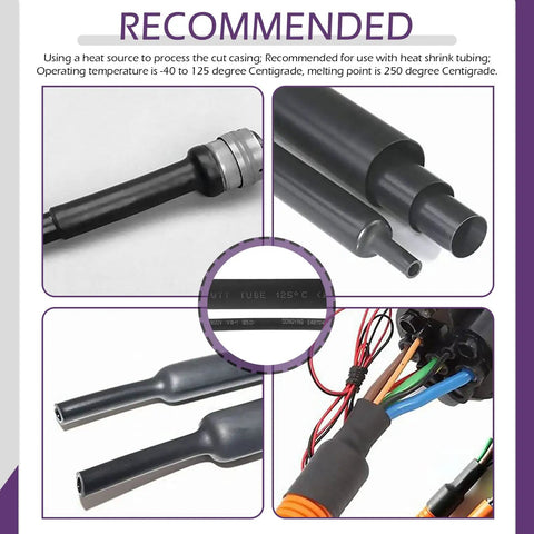 Expandable Braided Cable Sleeve And Heat Shrink Tube Kit With Self Adhesive Nylon Cable Ties And Reusable Fastening Ties 75 Piece Auto Wire Management Kit For One Half Inch One Quarter Inch And Three Eighths Inch Sleeves showing heat shrink tubing on wires and tubes.