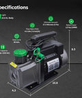 Heavy Duty One Third Hp Hvac Vacuum Pump And Four Way Ac Manifold Gauge Kit With Digital Leak Detector For R134a R410a Auto Ac Service That Gets The Job Done No Sweat, showing dimensions and specifications.
