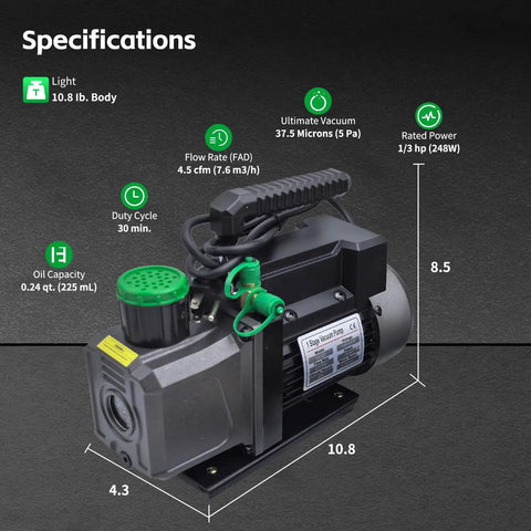 Heavy Duty One Third Hp Hvac Vacuum Pump And Four Way Ac Manifold Gauge Kit With Digital Leak Detector For R134a R410a Auto Ac Service That Gets The Job Done No Sweat, showing dimensions and specifications.