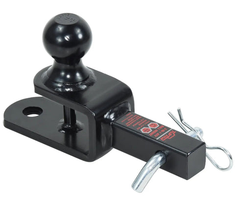 Heavy Duty ATV UTV Trailer Hitch Ball Mount Kit With 2 Inch Ball Clevis Pin Fits One and One Quarter Inch Receiver Three Coupling Styles For Yard Work Towing And Utility Trailers, showing the robust hitch design and components.