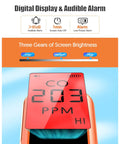 Portable Carbon Monoxide Detector With LCD Display, Battery Powered Handheld CO Monitor Alarm You Can Rely On For Home Outdoor Travel, Easy Readouts And Quick CO Alerts showing digital screen with 203 PPM detection.