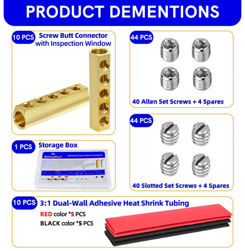 Heavy Duty 12 To 10 AWG Mechanical Screw Splice Connectors Kit With 4 Position Design Brass Construction Inspection Window 10 Splices 3 To 1 Heat Shrink Tubing 44 Slotted And 44 Allen Set Screws 600V Rating, brass connectors and screws