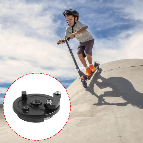 Beefed Up Heat Resistant Drum Brake Cover For Electric Scooters And Skateboards Front Drum And Swing Arm Replacement Part With Anti Slip Design For Stable Braking And High Temperature Tolerance shown with child riding scooter