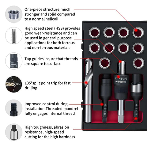 M14x1.5 Thread Repair Kit With Stainless Steel Inserts, Drill, Tap, Counterbore, Install Driver in EVA Box