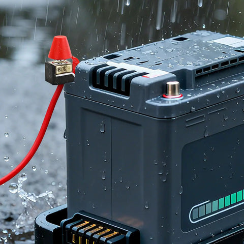 Badass Marine Fuse Block Terminal Holder For EV RV And Yacht Charging Station With 30 To 500 Amp on a battery with water droplets.
