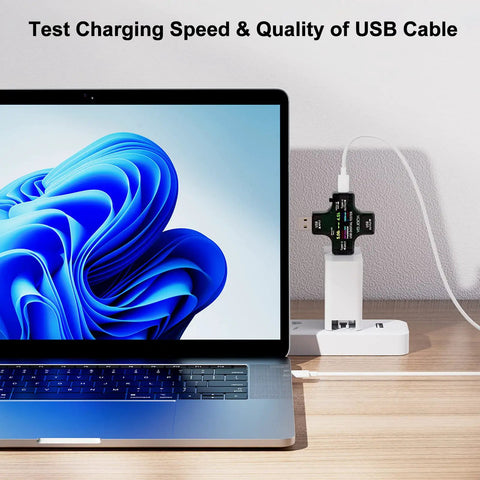 USB C Power Meter And Voltage Current Tester 2 In 1 Digital Multimeter measuring charging speed connected to laptop and power bank.
