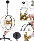 Gold And Black 6 Light Sputnik Globe Chandelier With Rotatable Spheres shown in assembly steps and details.