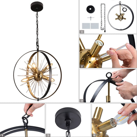 Gold And Black 6 Light Sputnik Globe Chandelier With Rotatable Spheres shown in assembly steps and details.