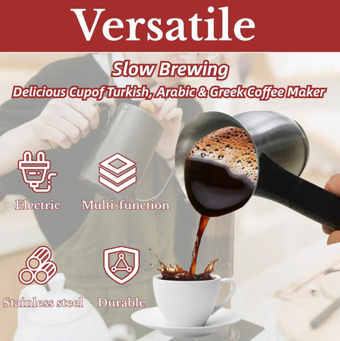 Electric Turkish Coffee Maker Stainless Steel 600ml Pot Warmer Kettle For Home And Travel pouring coffee into cup