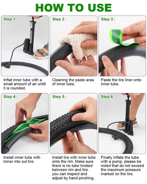 Steps showing installation of Bike Tire Liners Self Adhesive Inner Tube Protector For Mountain Bikes Puncture Free Shield 20-29 inch