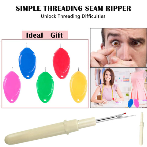 Needle Threader Kit For Quick Sewing No Fuss Small Eye Threader Tool For Machine And Hand Sewing Fast And Precise Threading Ergonomic Design Ideal For Needlework With Transparent Box Six Piece Set In Five Colors Meeggrace showing colorful threaders and user in various scenes