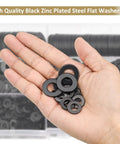 Heavy Duty Black Zinc Plated Steel Flat Washers Set With Fender Washers And Lock Washers in hand
