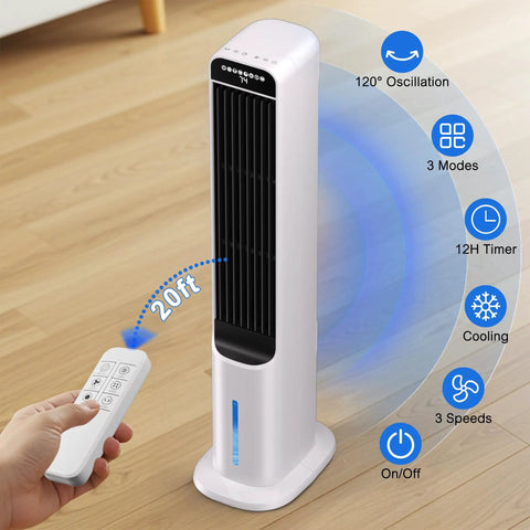 3-in-1 Windowless Evaporative Cooler Tower Fan With Remote, 41 Inch Tall, 120 Degree Oscillation, showing remote controls