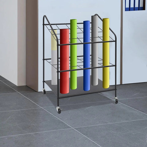 Heavy Duty Three Tier Mobile Paper Rolls Organizer With Slick Metal Frame And Twenty Roomy Slots displaying colorful paper tubes.