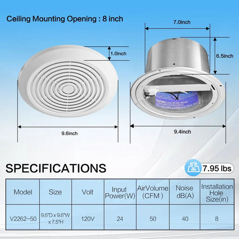 Specifications and dimensions of 7 Inch Bathroom Exhaust Fan With 50 CFM Quiet Operation Low 1.0 Sones Through Wall Vent For 8 Inch Opening No Drama Ideal For Home Bathroom Laundry And Garage Ventilation shown with diagram and measurements.