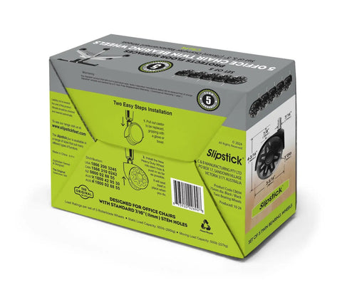 Box packaging of 3 Inch Dual Rollerblade Office Chair Wheels Set Of Five For Smooth And Safe Rolling On All Flooring Surfaces Premium Rubber Caster Wheels With Universal Seven Sixteenth By Seven Eighths Inch Stem.