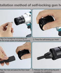 Installation method for Hardcore Cordless Rivet Nut Gun For Metal Fabrication and Auto Shop Projects with hex tool alignment.