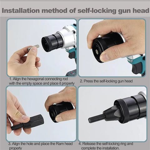Installation method for Hardcore Cordless Rivet Nut Gun For Metal Fabrication and Auto Shop Projects with hex tool alignment.