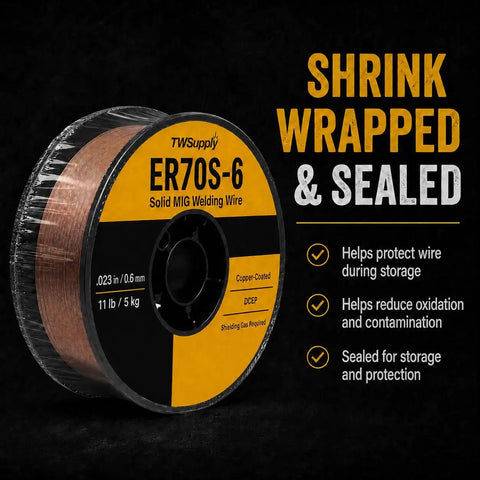 ER70S-6.023 Inch Copper Coated Solid MIG Welding Wire For GMAW spool, shrink-wrapped and sealed for storage protection.