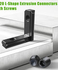 Heavy Duty 2020 Aluminum Extrusion Hardware Kit with Screws and Wrench Black L Shape Connectors, two screws shown.