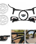 Complete Hydraulic Disc Brake Conversion Kit For Mountain Bikes With Two Ventilated Steel Rotors And Heavy Duty Metal Levers showing levers, rotors, and brake calipers.