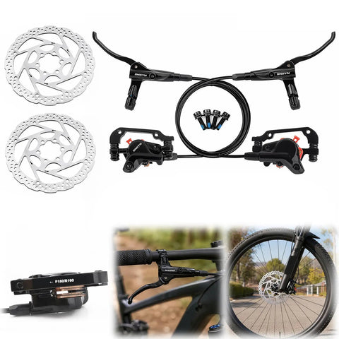 Complete Hydraulic Disc Brake Conversion Kit For Mountain Bikes With Two Ventilated Steel Rotors And Heavy Duty Metal Levers showing levers, rotors, and brake calipers.