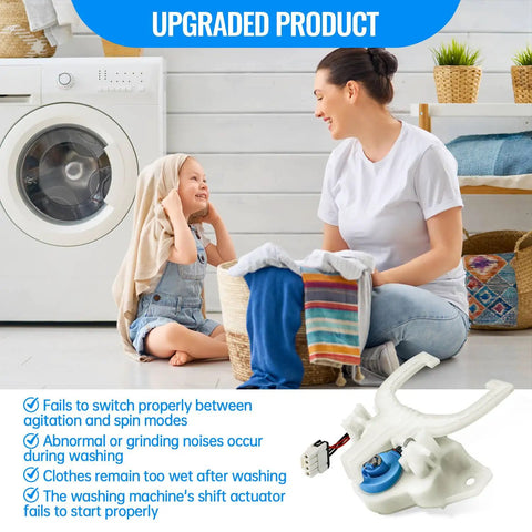 Mother and child with laundry basket next to washing machine, promoting Upgraded GE Washer Parts Kit With Mode Shifter Actuator Drive