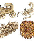 Set of four wooden models including a vintage tractor, scorpion, train, and intricate lion design, perfect for laser engraving.
