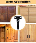 14 Pack 4 Inch T Hinge Heavy Duty Shed Door Hinges installed on various wooden doors and cabinets, showcasing wide application.