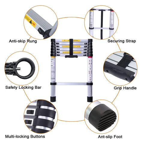 6.6Ft Telescoping Aluminum Ladder, Collapsible And Lightweight, Grab And Go Portable For RV And Home Use, 330Lb Capacity, Easy To Extend, Quick Lock, Compact Stowable Design