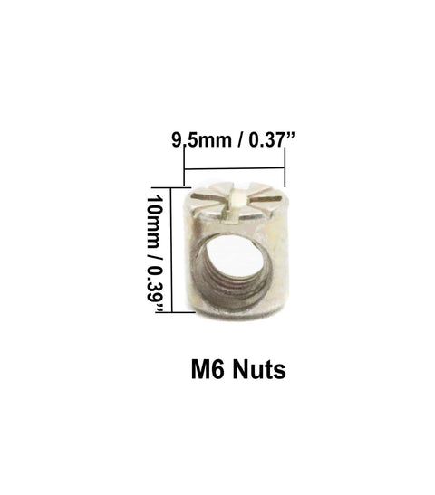 Close-up of M6 nut with measurements from the Crib Screws Hardware Replacement Kit 18 Piece Set M6x40 50 60 70 80mm Hex Drive Socket Cap Screws With Barrel Nuts And Allen Key In Clear Storage Box For Beds Headboards Chairs And Furniture.