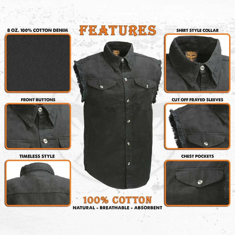 Men's Black Lightweight Denim Shirt With Frayed Cut Off Sleeves Sleeveless Button Down Breathable Cotton Blend Casual Everyday Wear Comfortable Fit Size X Large Great For Layering