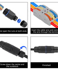 4 Pack IP68 Waterproof Junction Box for outdoor wiring, showing parts assembly, 3-way wire connector, fits 3.5-10mm cables.