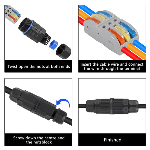 4 Pack IP68 Waterproof Junction Box for outdoor wiring, showing parts assembly, 3-way wire connector, fits 3.5-10mm cables.
