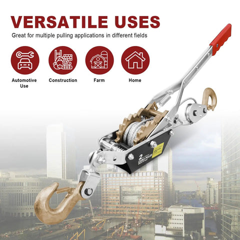 Beefy Hand Winch For Quick Lifts And Tough Pulls 2 Ton Capacity With Dual Gear System 11ft Steel Cable And Two Drop Forged Hooks Portable Come Along Winch For Auto Recovery Construction And Outdoor Jobs, shown with automotive, construction, farm, and home uses