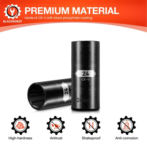 Heavy Duty 1/2 Inch Drive 24Mm Deep Impact Socket 6 Point Chrome Vanadium Steel with black phosphate coating