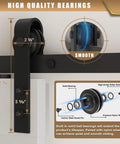 Close-up view of 6.6 Foot Sliding Barn Door Hardware Kit with high-quality bearings, showing dimensions and smooth operation.