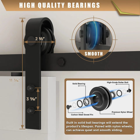 Close-up view of 6.6 Foot Sliding Barn Door Hardware Kit with high-quality bearings, showing dimensions and smooth operation.