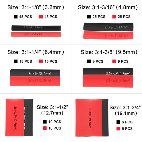 Heavy Duty Heat Shrink Tubing Kit 220 Pcs 3 To 1 Adhesive Lined Marine Grade Black And Red With Six Sizes Displayed