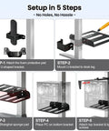 Setup guide for No Sweat Under Desk PC Tower Mount With Quick Clamp On Install showing five steps to install.