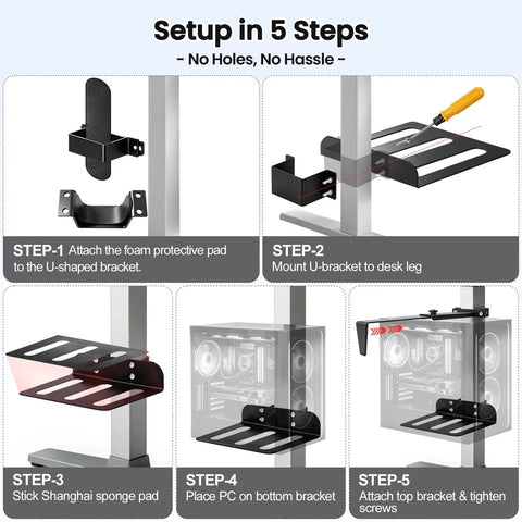 Setup guide for No Sweat Under Desk PC Tower Mount With Quick Clamp On Install showing five steps to install.