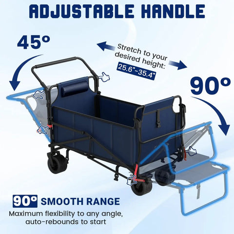 Heavy Duty Folding Wagon 2 In 1 Cart And Beach Chair With adjustable handle showing 45-90 degree angles and all-terrain wheels.