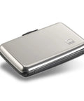 RFID Blocking Aluminum Premium Grade Wallet Card Holder With Secure Clasp shown from above, slim and durable design for everyday carry.